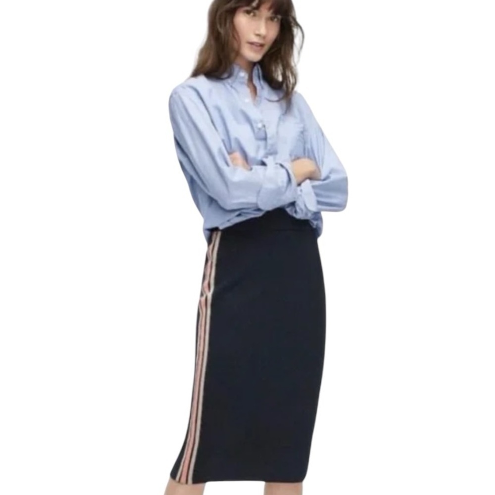 J. CREW Sweater Knit Pencil Skirt Size L Pink Stripe Midi Wool Blend Casual Work